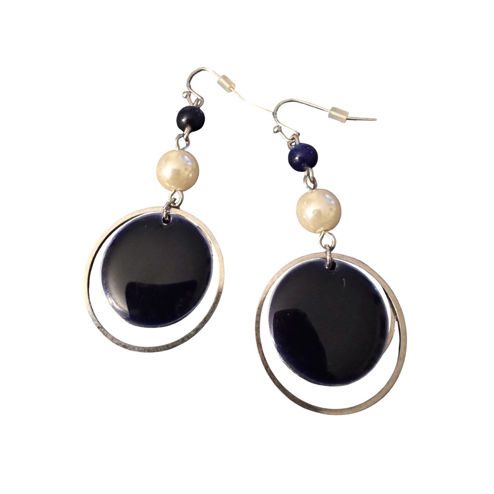 Navy Blue Enamel‎ and Faux Pearl Silver Tone Geometric Hoop Drop Earrings